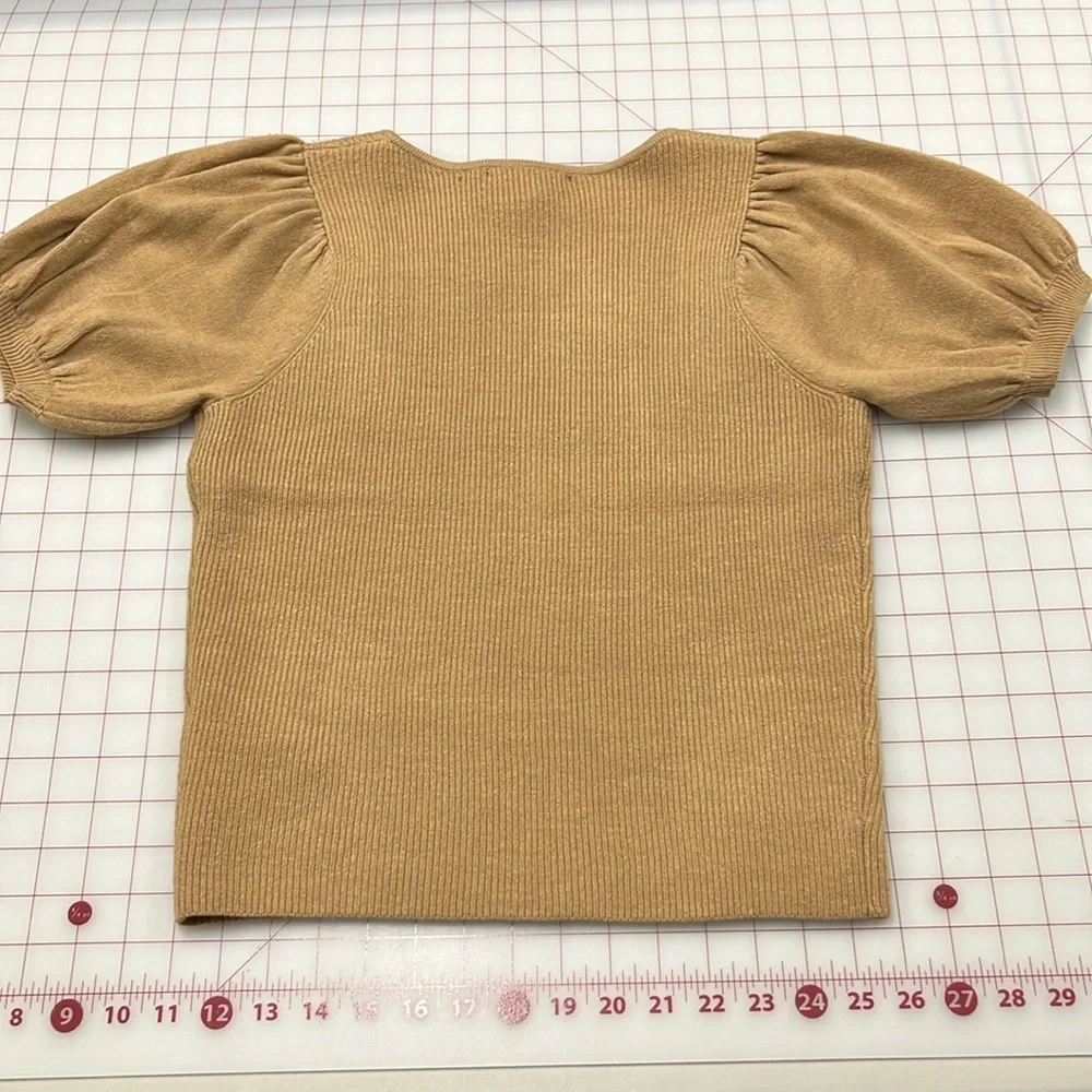 FRENCH CONNECTION NWT Milkmaid Boho Puff SLV SQ. Neck Mix Knit Camel Sweater L